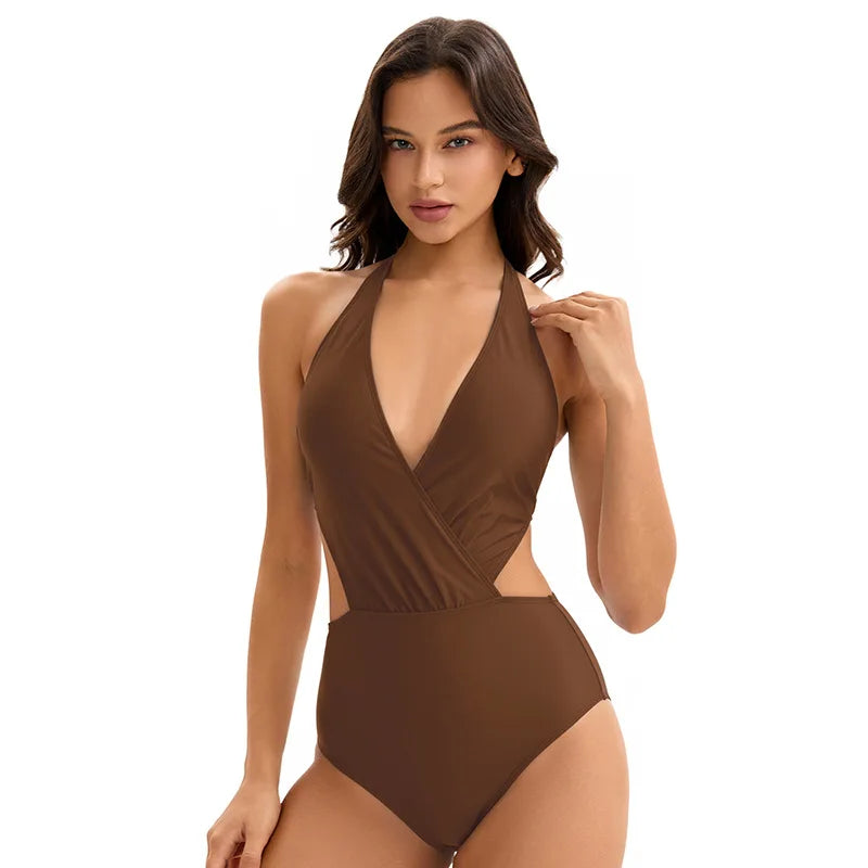 Swimwear One Piece Swimsuit Tummy Control Deep V Neck Bathing Suit for Women Lady Solid Backless Beach Wear