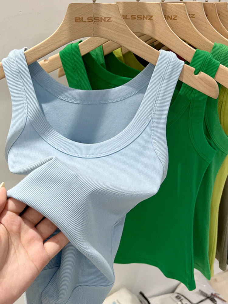 Women Solid Round Neck Ribbed Tank Top Camisole Women Elastic Tank Top O Neck Solid Tank Top