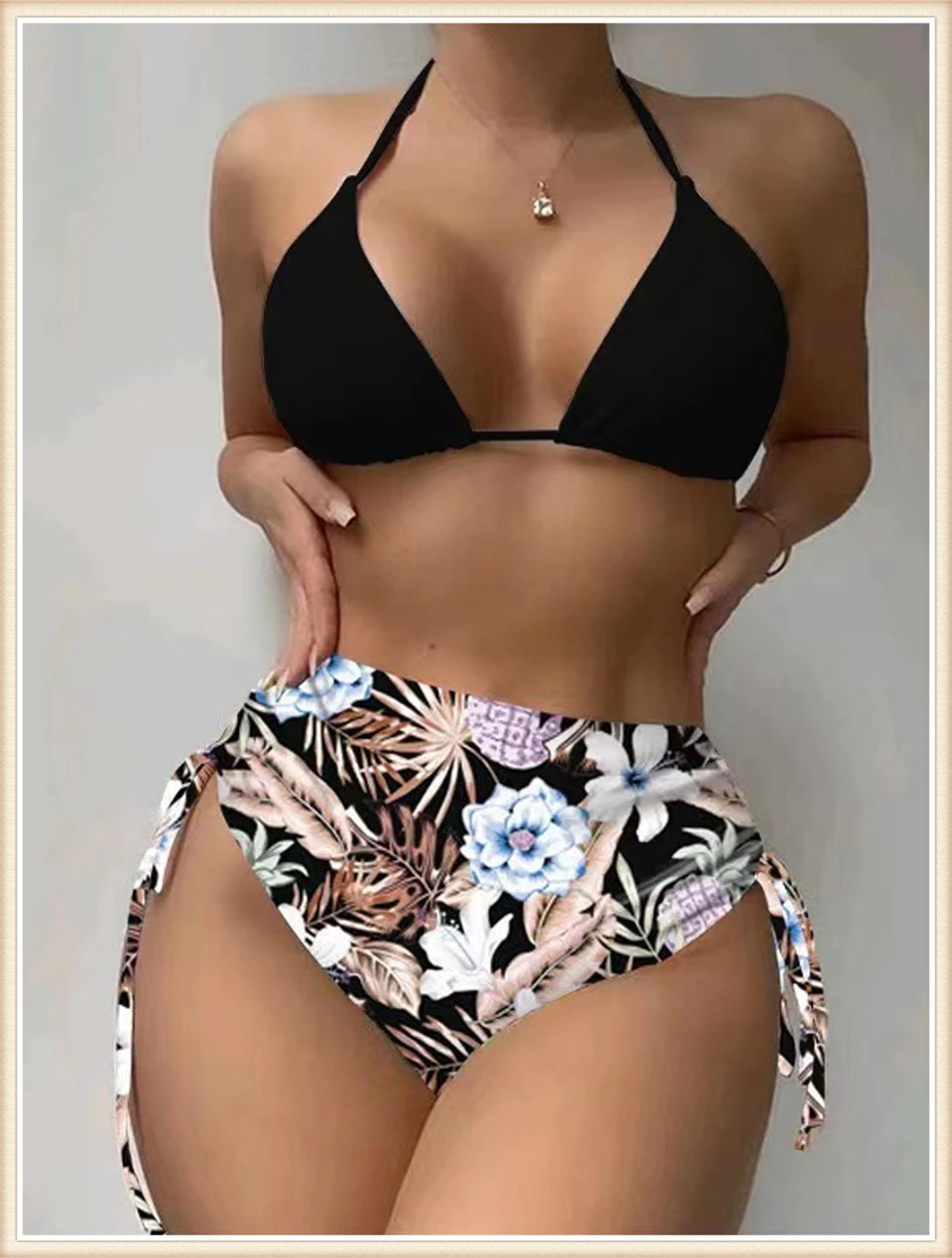 Lace Up Bikinis & Cover Up Long Sleeve Swimwear Women 3-Piece Print Swimsuit Summer Beach Bathing Suit Female Swimming Wear