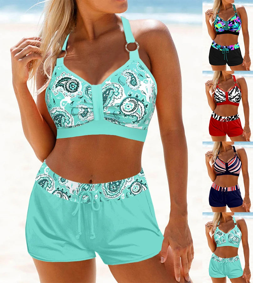 Summer Beach Women's Bikini Two Piece Swimwear Fresh Cashew Print Lace Up Beach Dress S-6XL