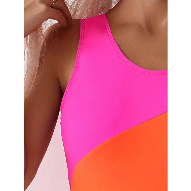 Women's Pink, Orange & Yellow Colour-Block One-Piece Swimsuit