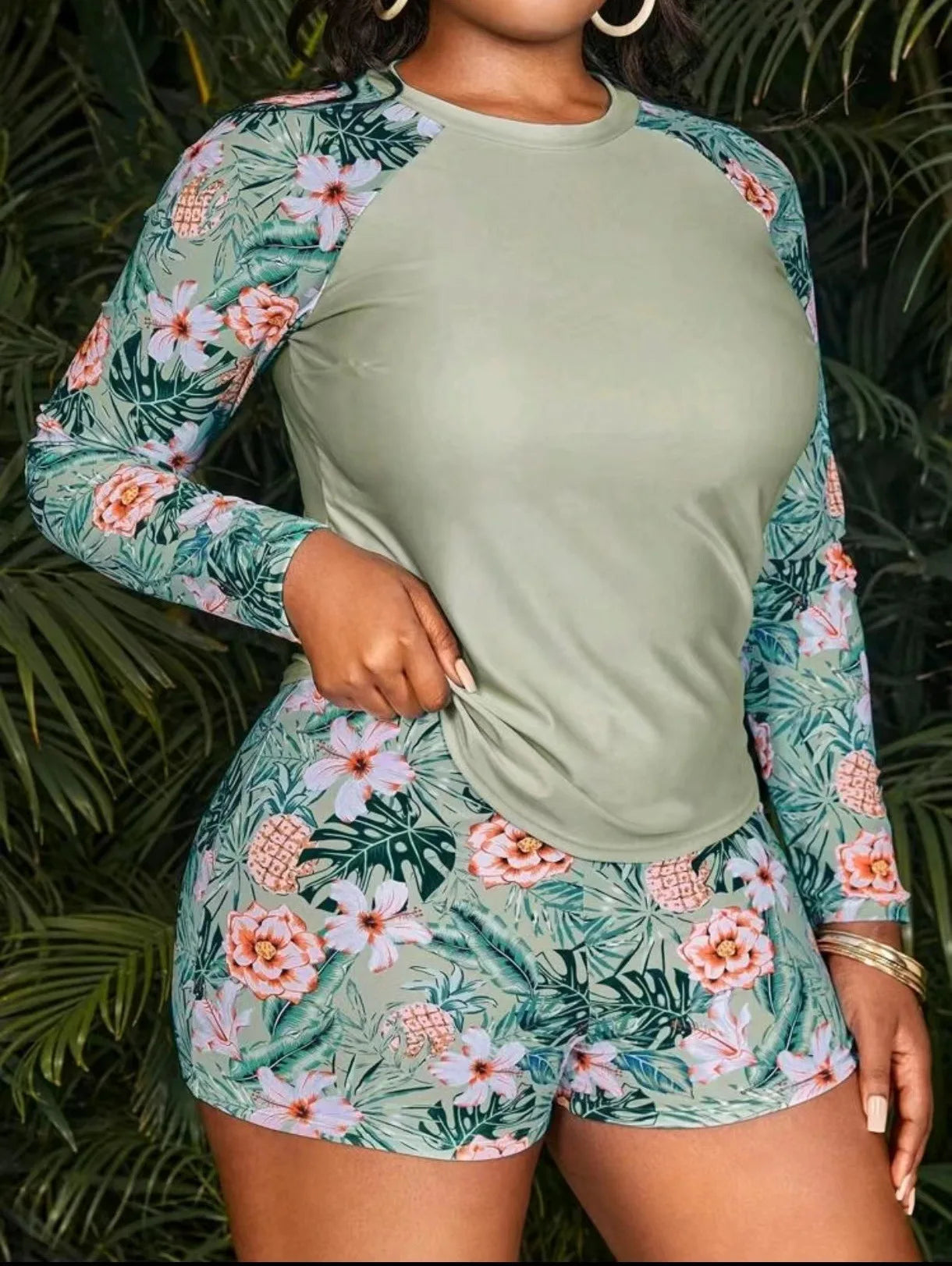 Tropical Long Sleeve Swimsuit Women Plus Large Size Swimwear Female Bathers Bathing Swimming Swim Suit Beachwear 4XL