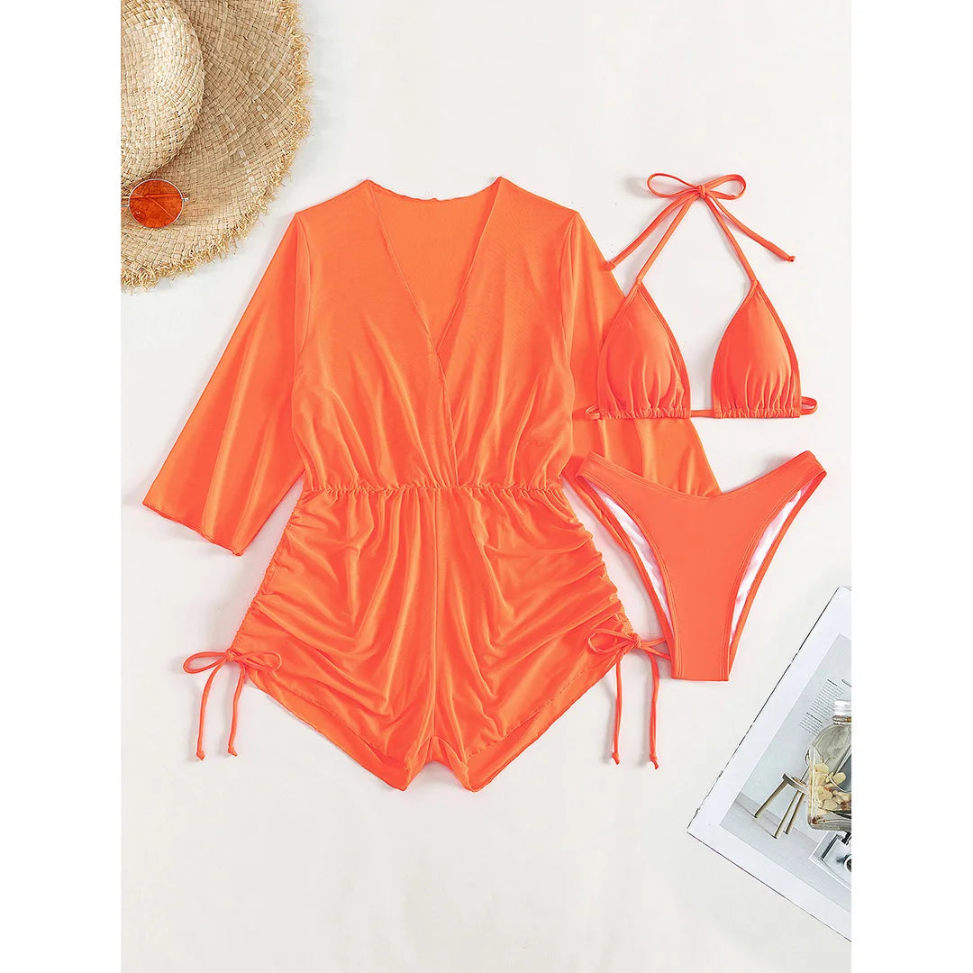 3 PCS Halter Bikini Women Swimwear Female Swimsuit Three-pieces Bikini set With Cover Up Bather Bathing Suit Swim Lady