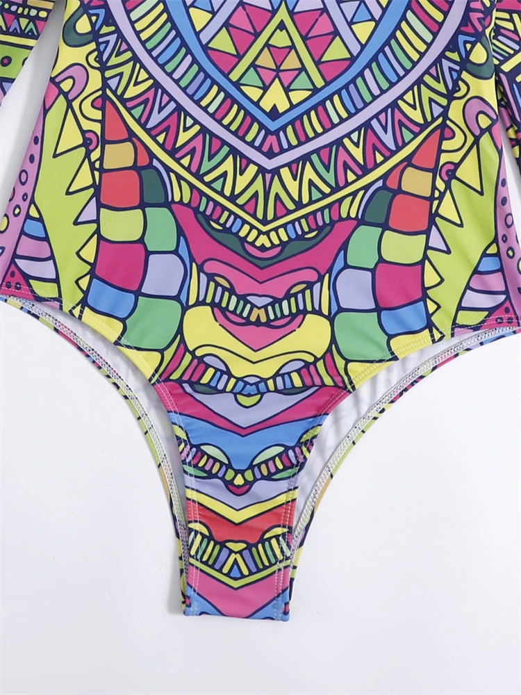 Bright Colour Print One Piece Swimsuit Women Long Sleeve Swimwear Rash Guard
