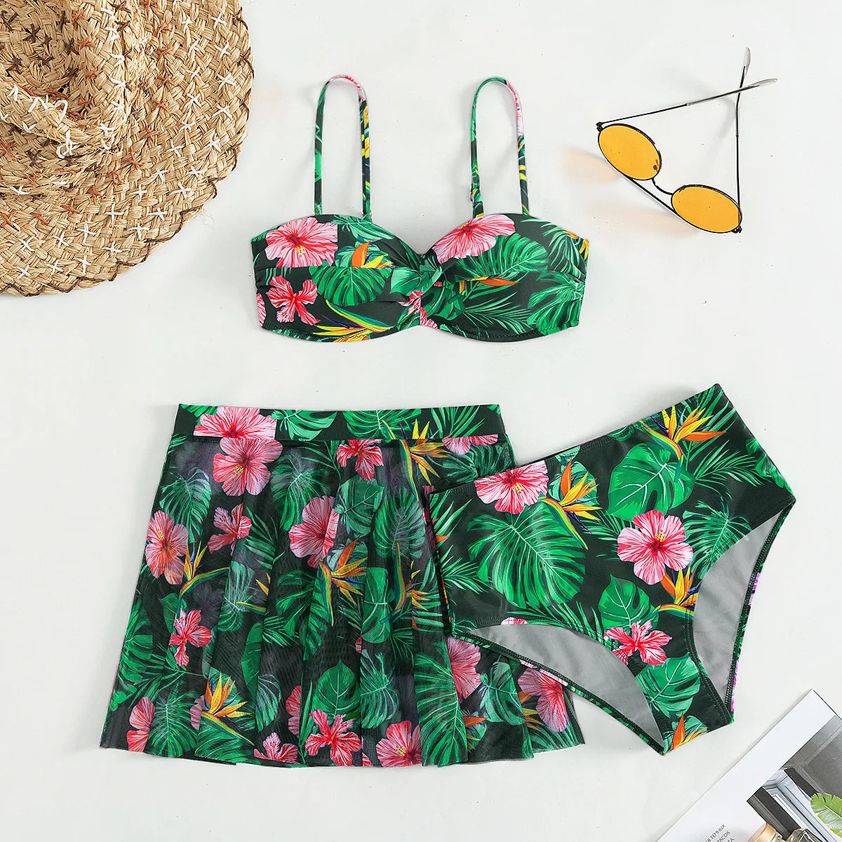Cikini-Women's Tropical Print Push Up Bikinis Set, Swimsuit with Beach Skirt, Swimwear, Summer Bathing Suit