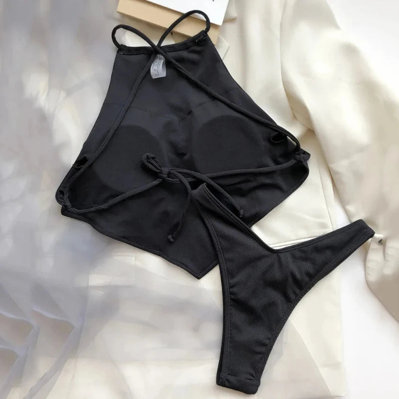 Halter Bandana Bikinis Set Swimwear Women Thong Swimsuits Backless Bathing Suit Bikini Swim Wear Summer