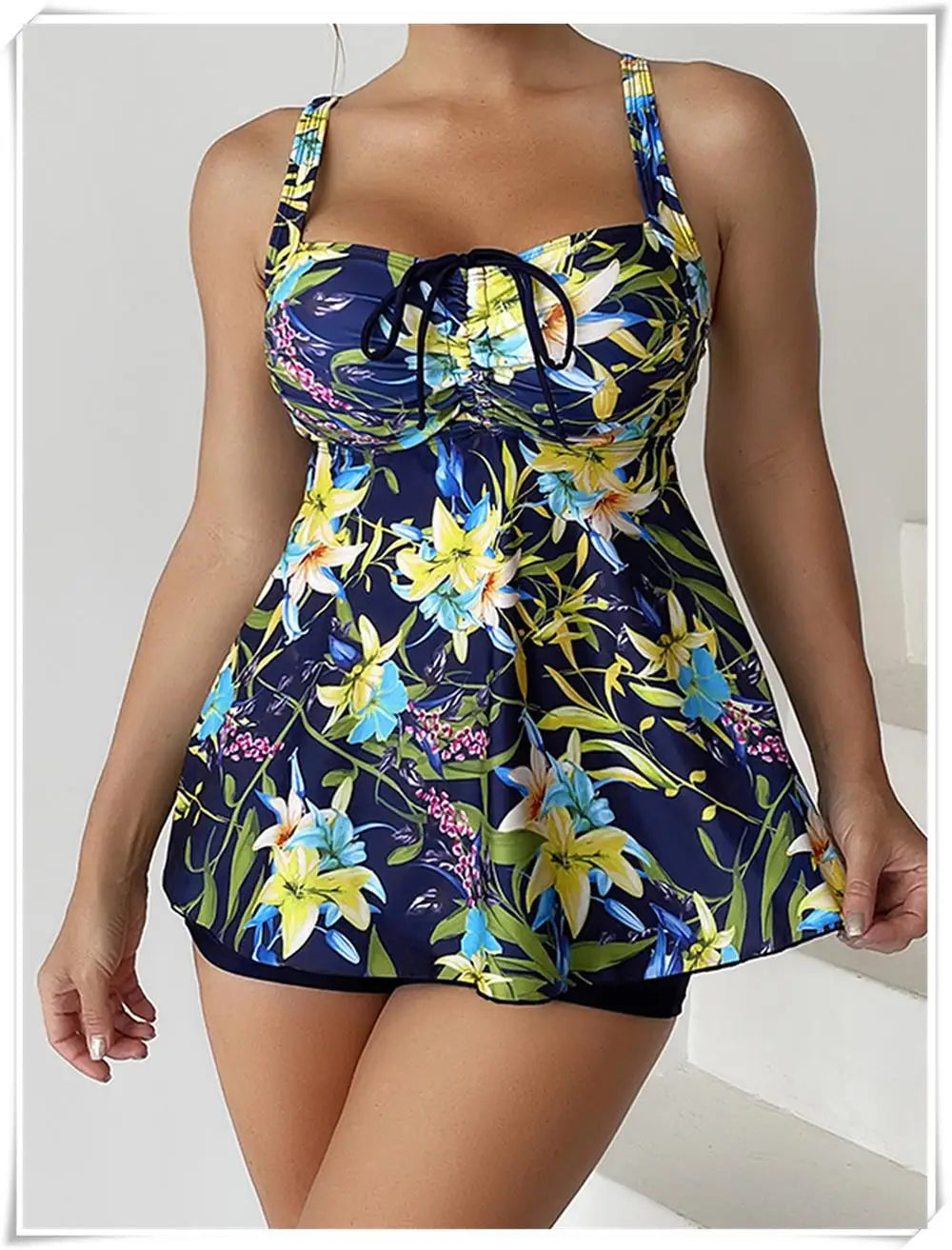 Drawstring Tankini Set Two Piece Swimsuit Short Women Floral Printed Swimwear Female Bathing Suit Beachwear Swimming
