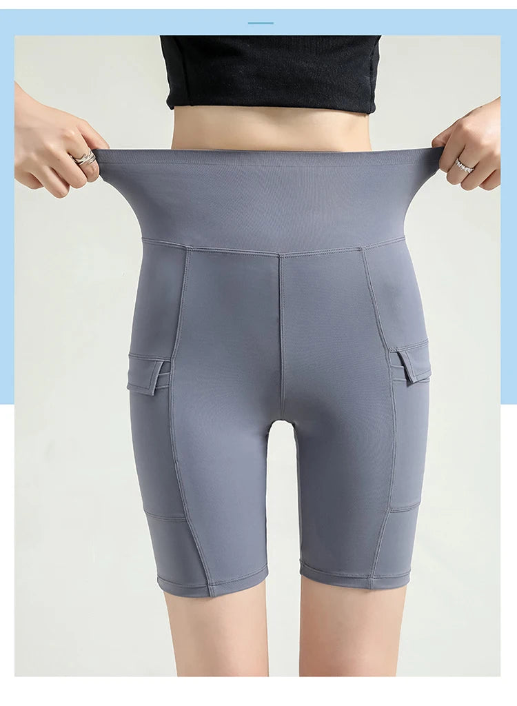 BIVIGAOS Summer New Cargo Pocket Shark Shorts Women's Sport Fitness Cycling Shorts High Waist Running Tight Biker Short Leggings