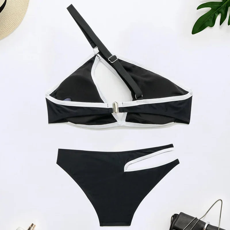 Splicing One Shoulder High Cut Out Bikini Women Swimsuit Female Swimwear Two-pieces Bikini set Asymmetric Bathing Suit Swim Lady