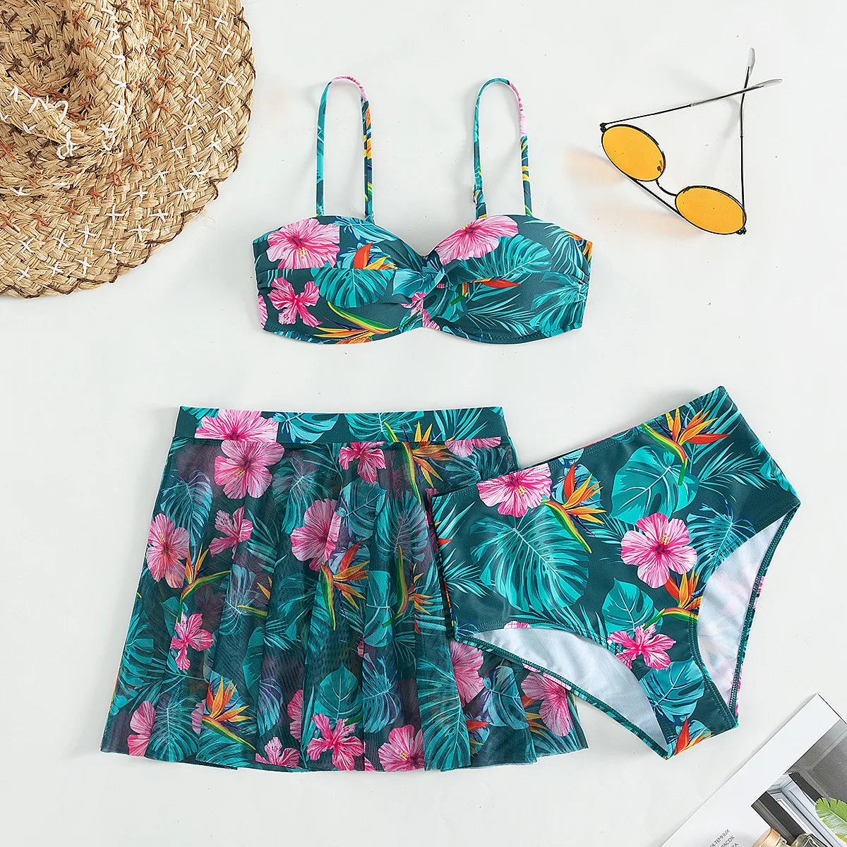 Cikini-Women's Tropical Print Push Up Bikinis Set, Swimsuit with Beach Skirt, Swimwear, Summer Bathing Suit