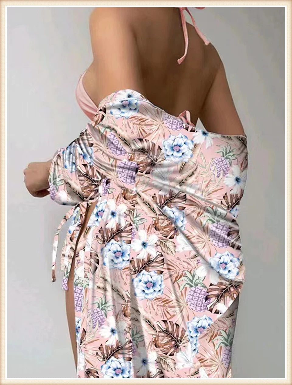 Lace Up Bikinis & Cover Up Long Sleeve Swimwear Women 3-Piece Print Swimsuit Summer Beach Bathing Suit Female Swimming Wear