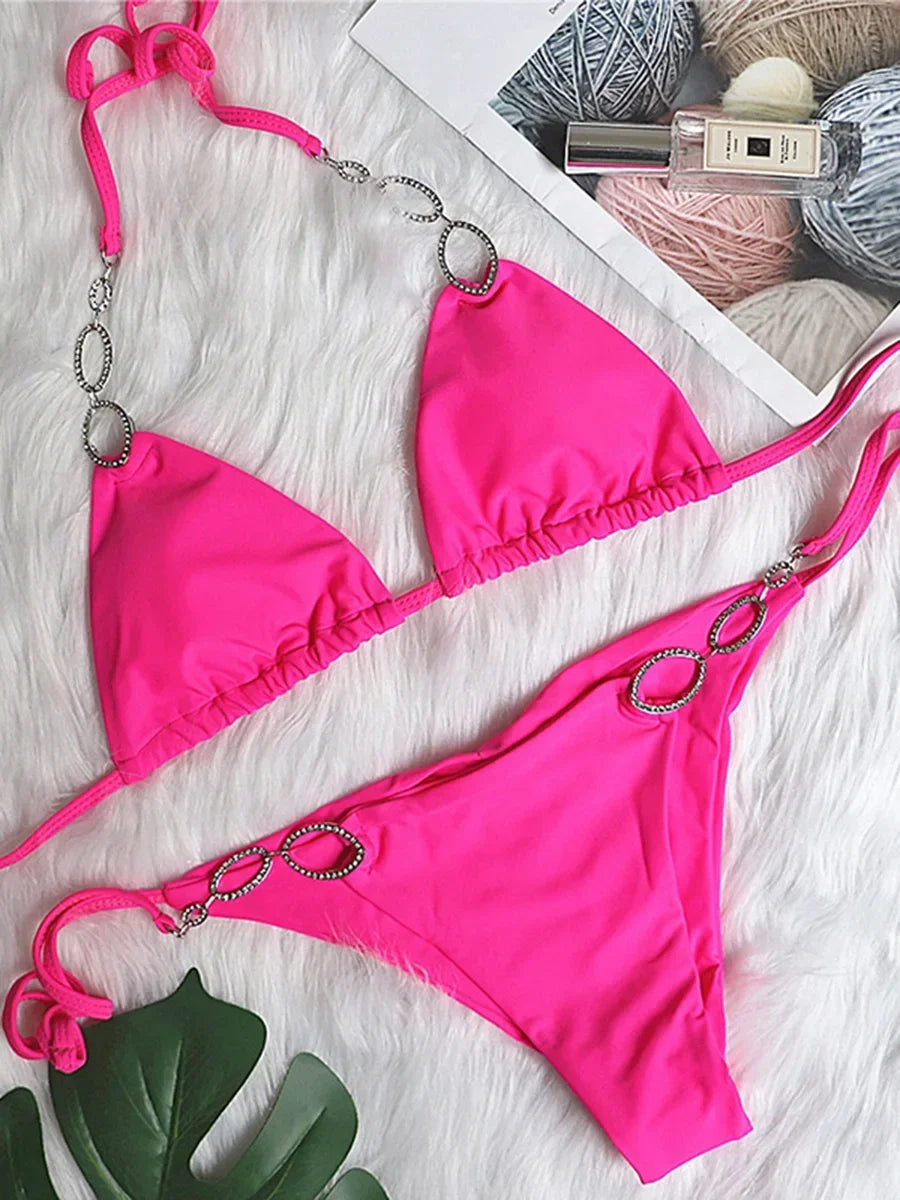 Halter Diamond Bikini Women Swimsuit Female Metal Chains Swimwear Two Pieces Bikini set Brazilian Bather Bathing Suit Swim