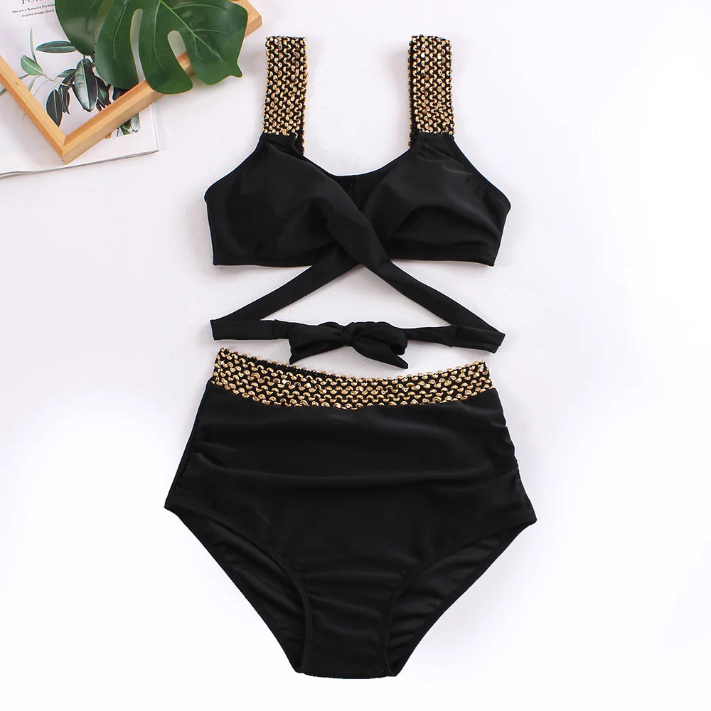 Cross High Waist Bikinis Women Black Swimwear Solid Swimsuit Female Beachwear Summer Bathers Bathing Suit Swimming
