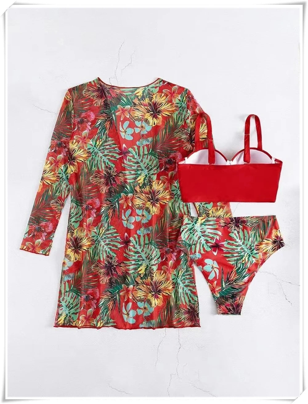 3 Piece Bikini Set Women Cover Up Swimwear Female Tropical Printed Swimsuit Push Up Beachwear Long Sleeve Bathing Suit