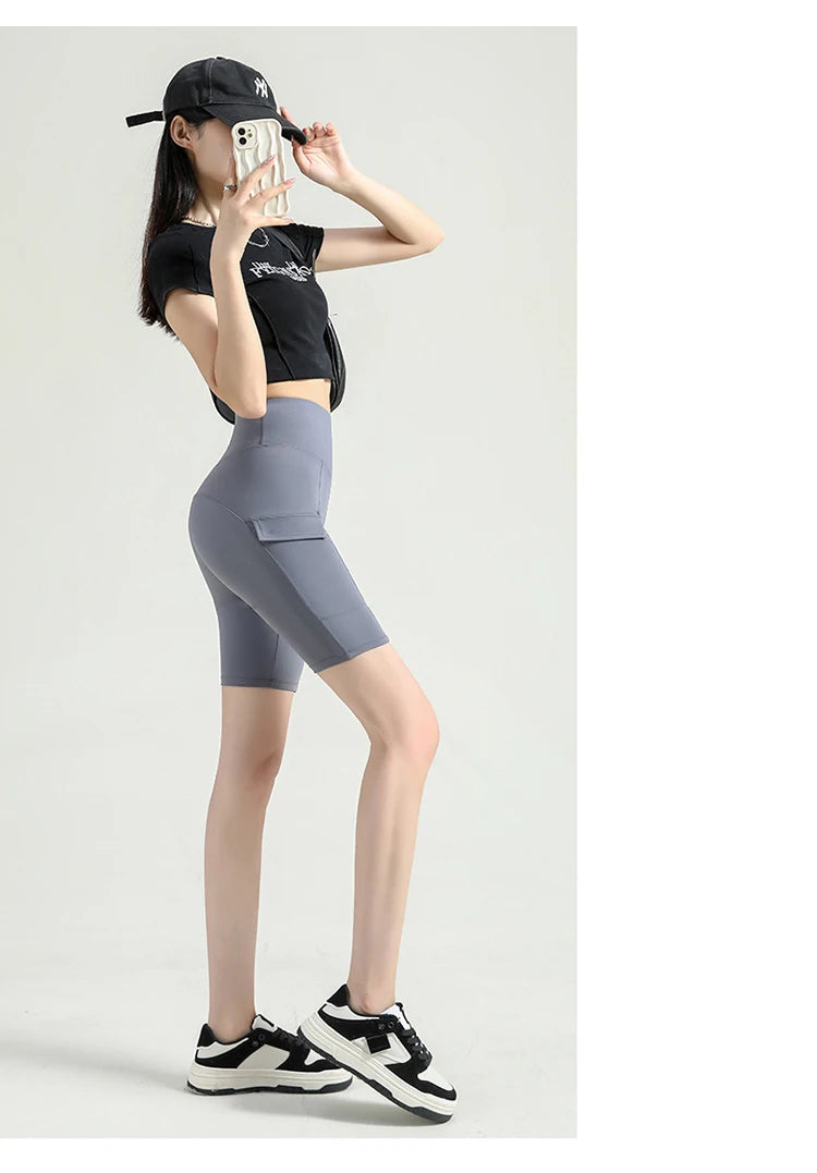 BIVIGAOS Summer New Cargo Pocket Shark Shorts Women's Sport Fitness Cycling Shorts High Waist Running Tight Biker Short Leggings