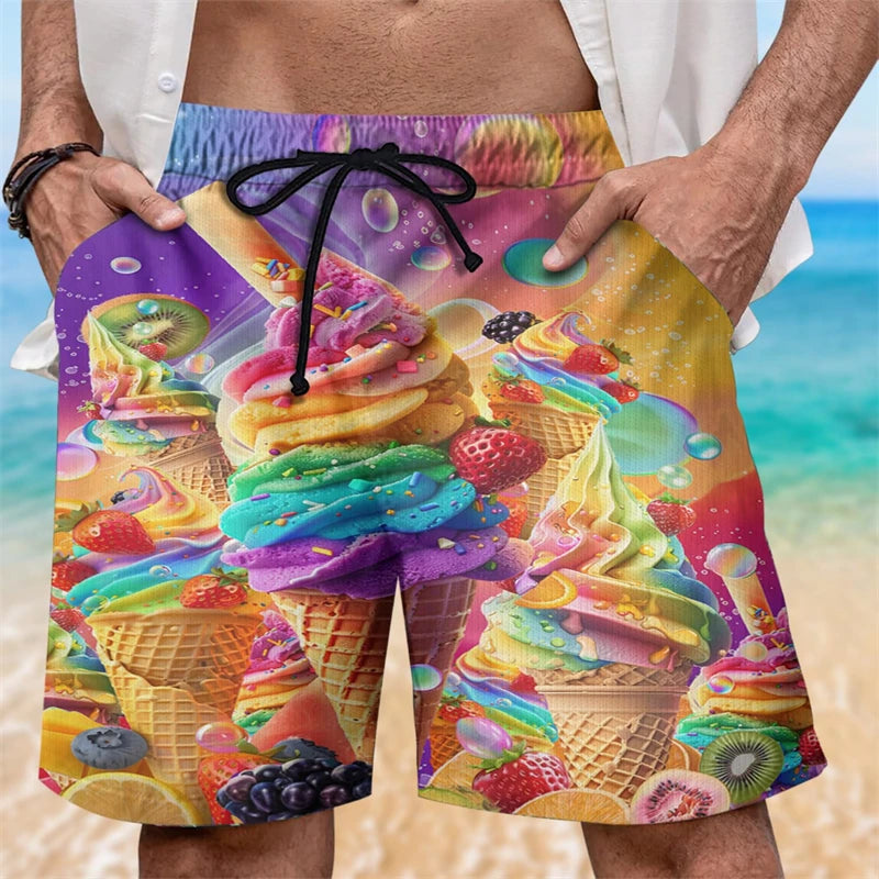 Ice Cream 80s 90s 3d Printed Surfing Board Shorts Cool Summer Street Hip Hop Swim Trunks For Men Vacation Beach Ice Shorts