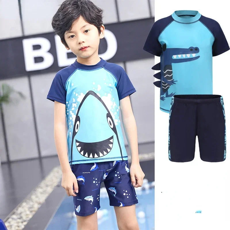Children's Cartoon Shark Short Sleeve Split Swimwear with Swim Cap, Sun Protection Beach Wear, Baby Boys Swimsuit