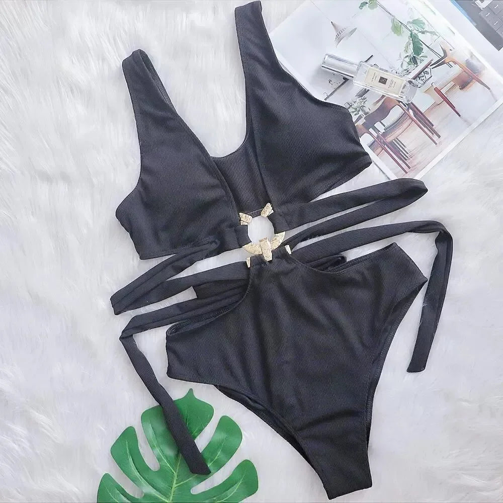 One Piece Swimsuit Swimwear Women Deep V-neck Hollow High Waist One-piece Bathing Suit Beachwear Metal Hoop