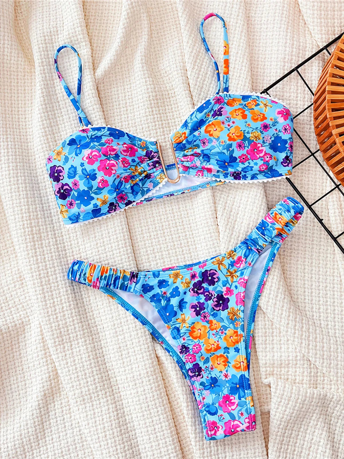 U Neck Flowers Printed Wrinkled Bikini Female Swimsuit Women Swimwear Two-pieces Bikini set Bather Bathing Suit Swim