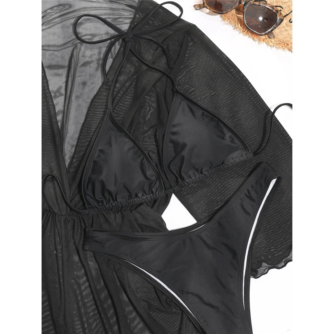 3 PCS Halter Bikini Women Swimwear Female Swimsuit Three-pieces Bikini set With Cover Up Bather Bathing Suit Swim Lady