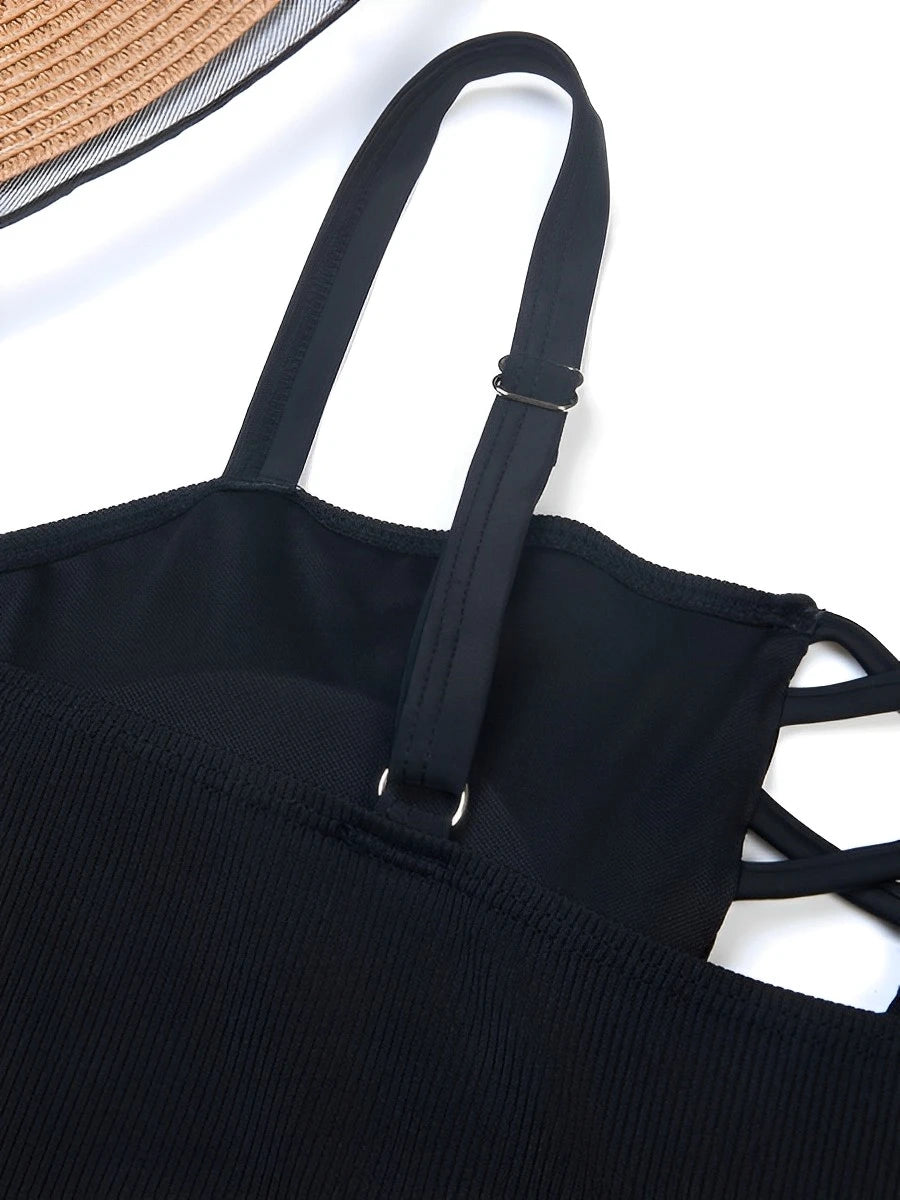 Large Size Hollow Out Tankini 2 Pieces Swimsuit Women High Waist Swimwear Female Bathing Swimming Swim Suit Beach Bathers