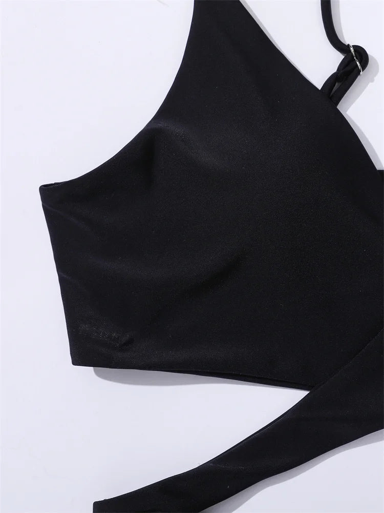 Solid Strapped Bikini Set Push UP Hollow Swimsuit Women Swimwear Biquinis High Waist Backless Bathing Suit