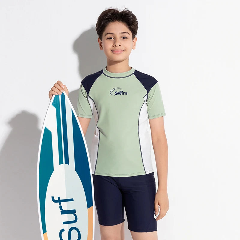 Boy Swimwear Short Shirt Two Piece Short Sleeve Solid Patchwork Teenager Children Kids Swimming Beach Wear 2024 9-16 years