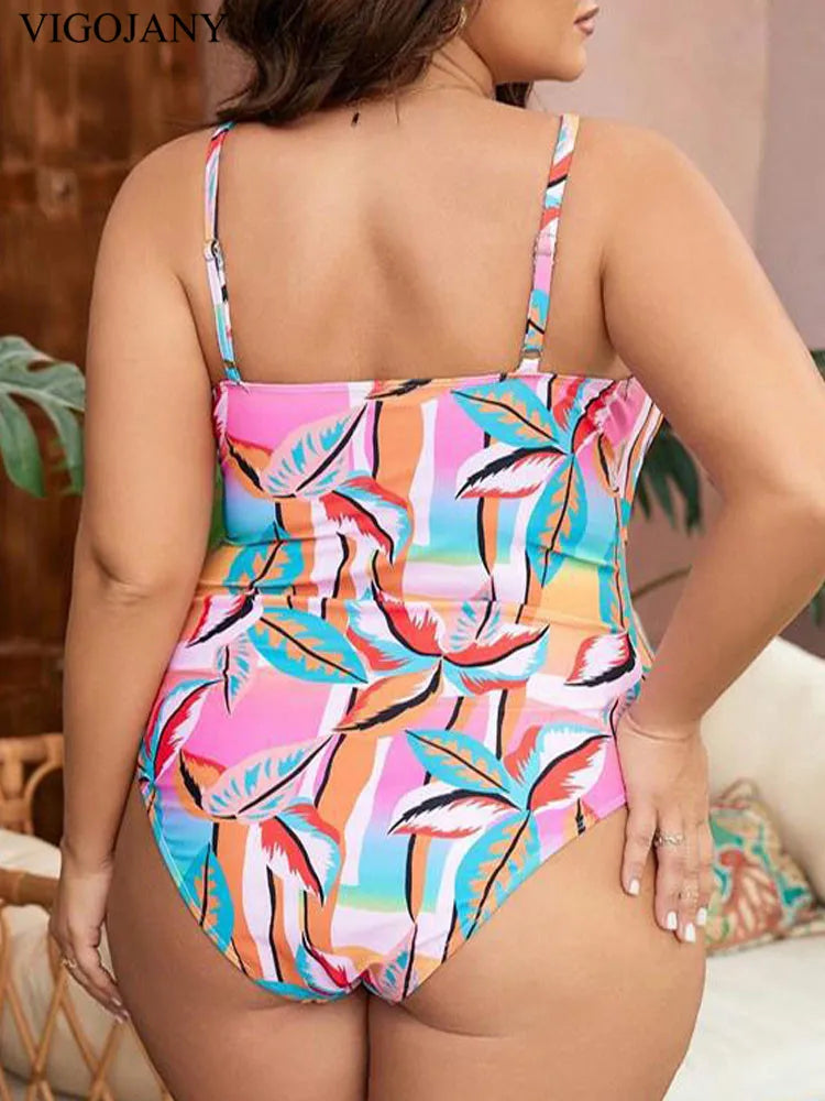 Tropical Leaf Print Strapped Plus Size Swimwear Women Cross Hollow Curvy One Piece Swimsuit Beach Brazilian Big Bathing Suit