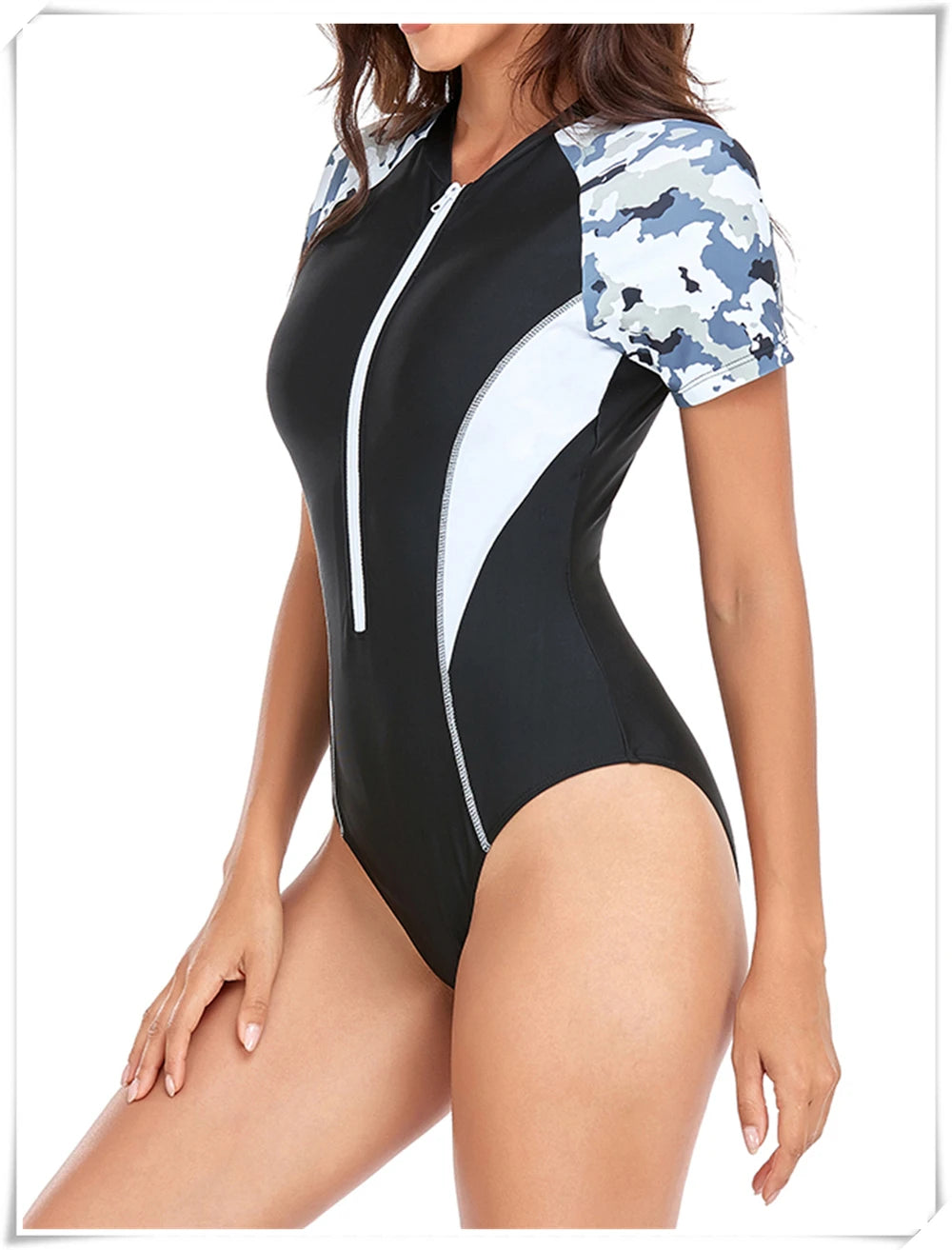 Short Sleeve Zipper One Piece Swimsuit Zebra Print Swimwear Women Diving Clothes Surfing Beachwear Bathing Swimming Suit