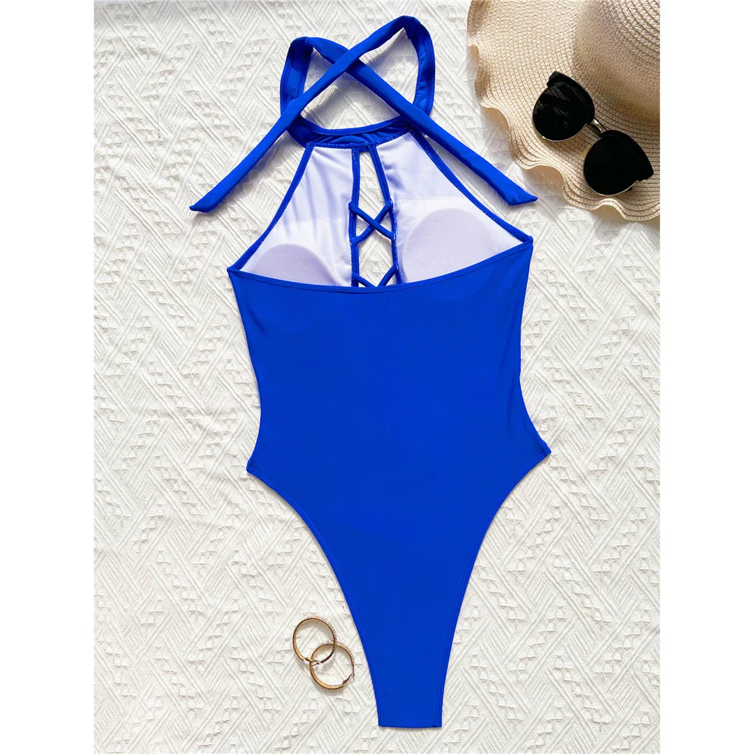 S - XL 7 Colors Lace Up High Neck Full Back Women Swimwear One Piece Swimsuit Female High Leg Cut Bather Bathing Suit Swim