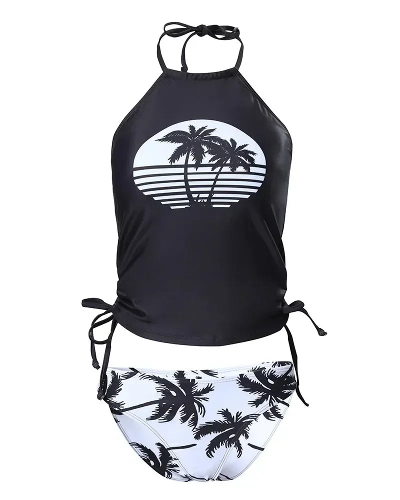 Coconut Tree Print Drawstring Ruched Halter Tankini Set Women 2pcs Clothes Suit Spring Summer Bikini Swimwear Bathing Clothing