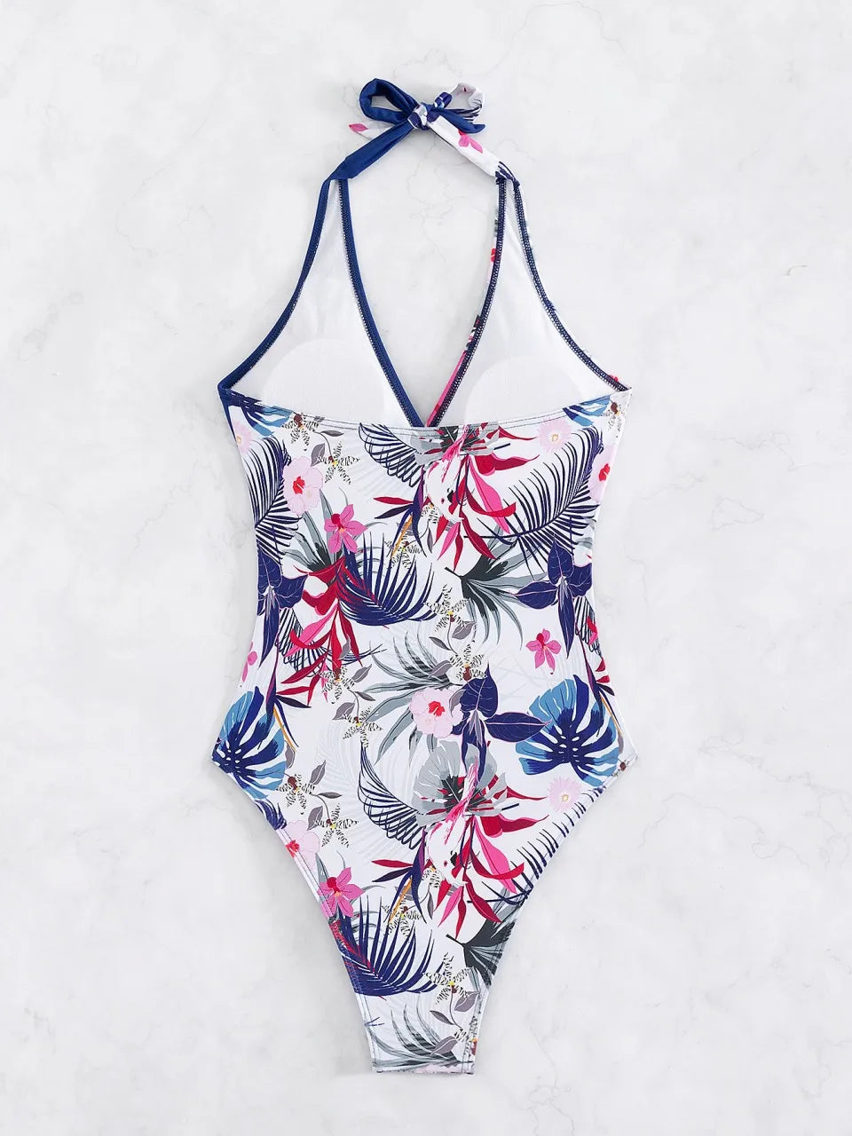 Halter Swimsuit Women One Piece Patchwork Backless Swimwear Female Monokini Bathing Swimming Suit Padded Beachwear