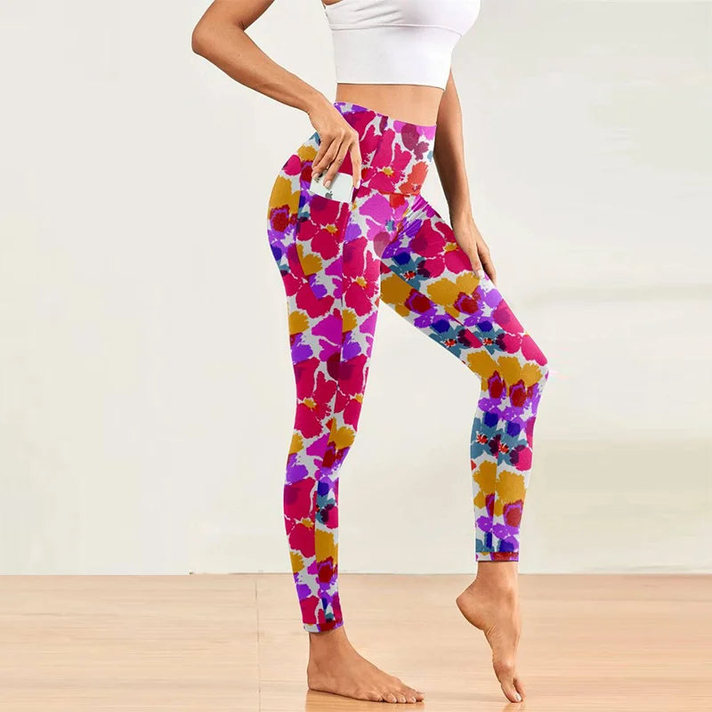 Women Side Pocket Elastic Pants Fashion High Waist 3D Digital Printing Fitness Leggings Yoga Pants