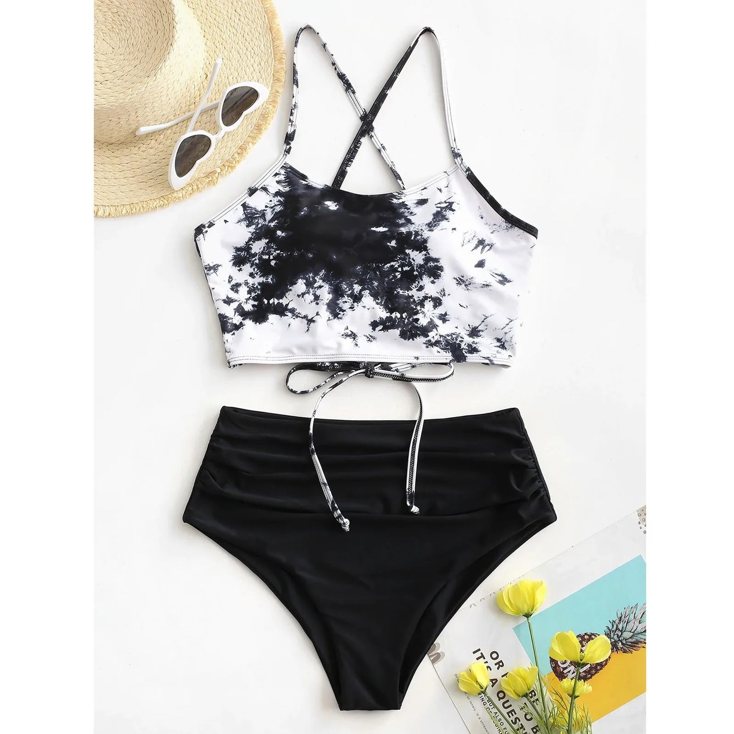 Women's Bikini Swimsuit Sunflower Swimwear Set Swimsuit Tie-dye Two Push-Up Print Piece Swimwear Ruffle Bikini Top