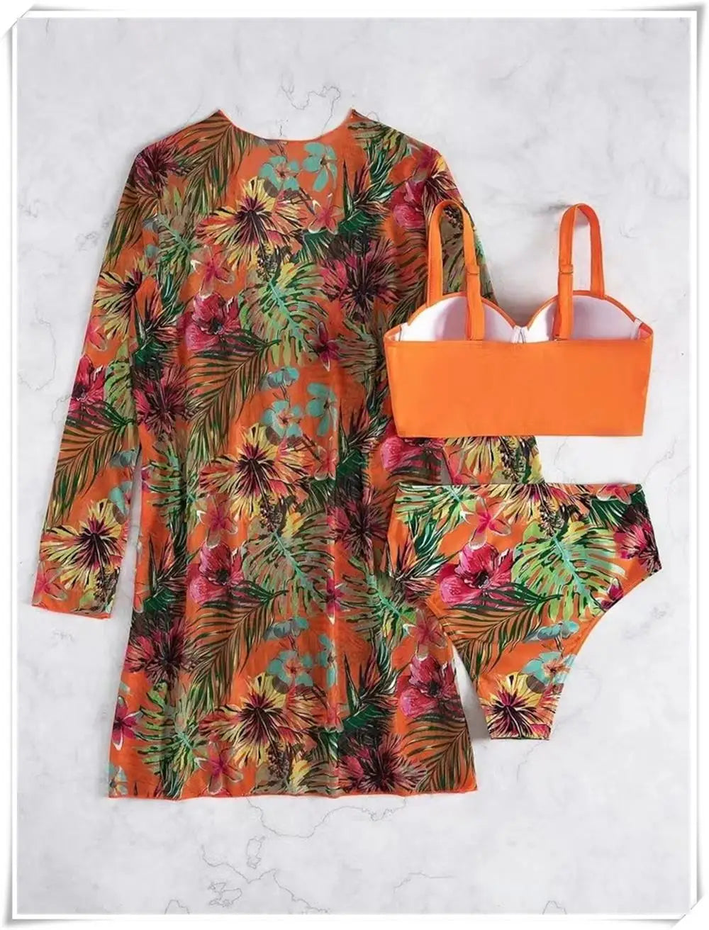 3 Piece Bikini Set Women Cover Up Swimwear Female Tropical Printed Swimsuit Push Up Beachwear Long Sleeve Bathing Suit