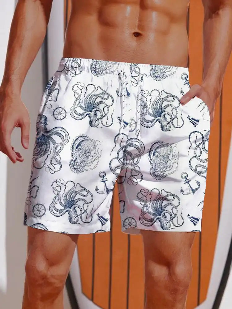 Summer 3D Printed Hawaiian Vacation Style Printing Shorts Men's Board Shorts Casual Swim Trunks Drawstring Breathable Short