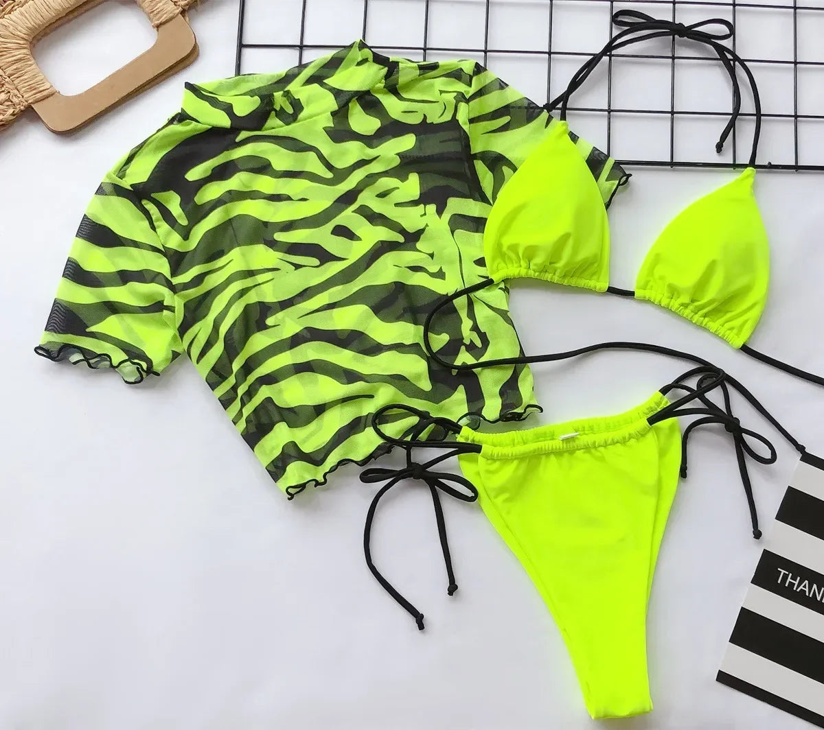 Bikini Set 3-piece Swimwear Swimsuit Women Perspective Short Sleeve Leopard Print Bikinis Set Bathing Suit Beach Thong
