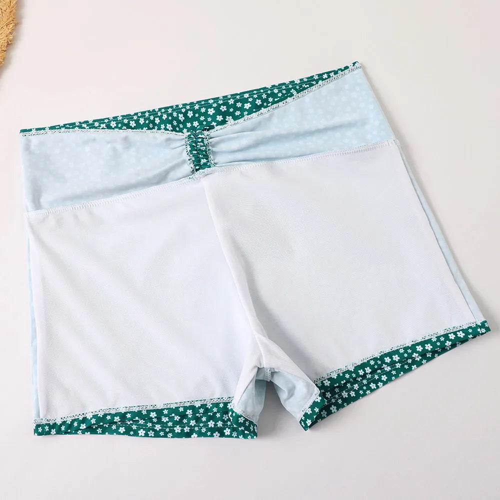 High Waist Bikini Swimsuit Women Floral Print Swim Suits Drawstring Front Shorts Boxers Swimwear Trunks Pool Bathing Suit