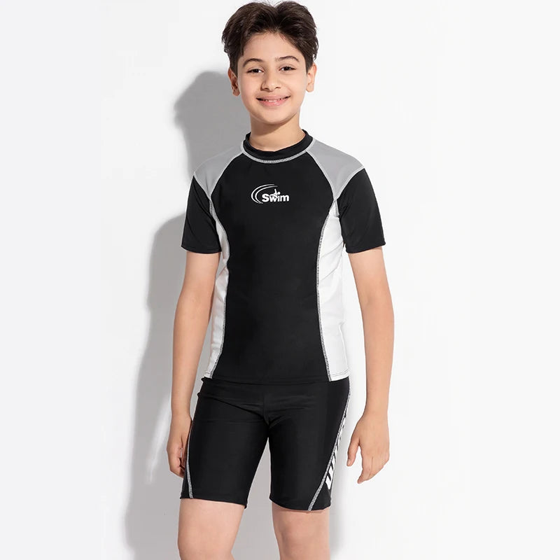 Boy Swimwear Short Shirt Two Piece Short Sleeve Solid Patchwork Teenager Children Kids Swimming Beach Wear 2024 9-16 years