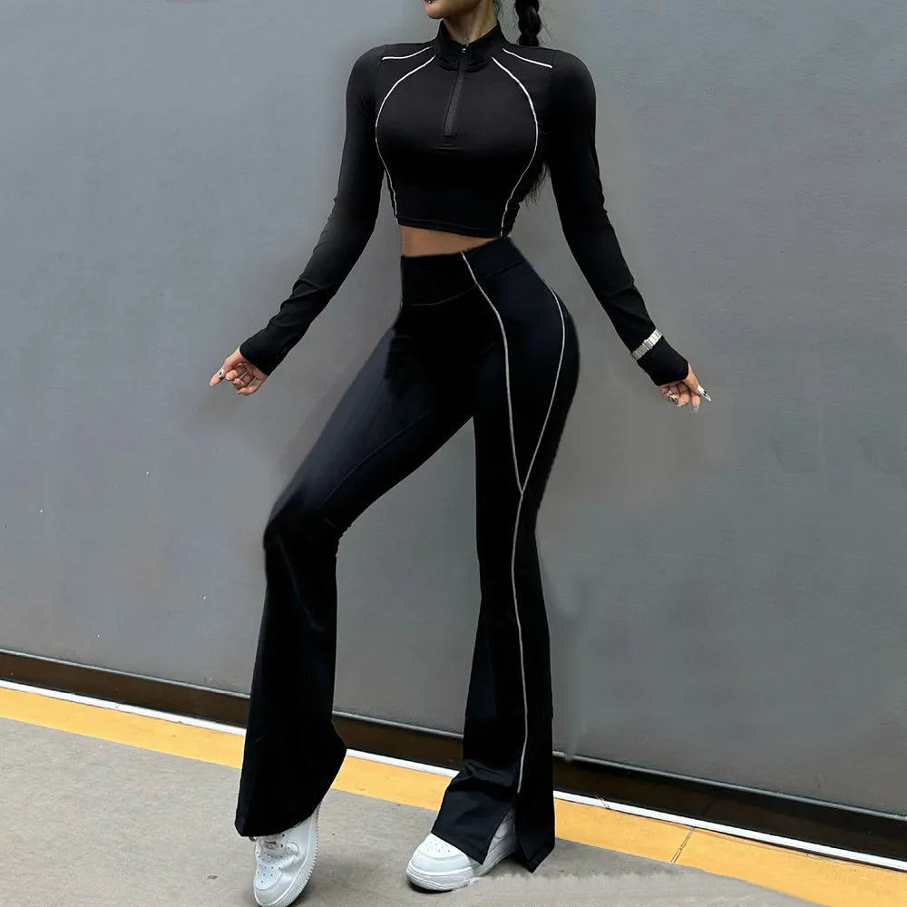 2Pcs Women Yoga Suit Tight Fitting Sports Set Workout Breathable Fitness Bra Gym Long Sleeve Crop Top Bell-bottoms Leggings