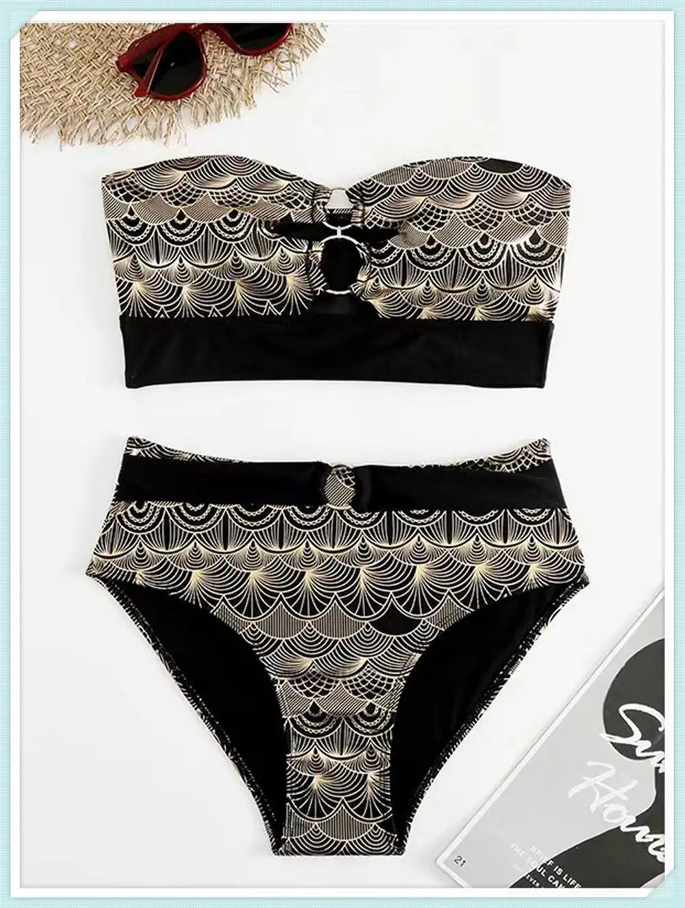 Metallic Stitch Strap Bikini Women Push Up Gold print Swimsuit Female High Waist Swimwear Bathers Bathing Suit Beachwear