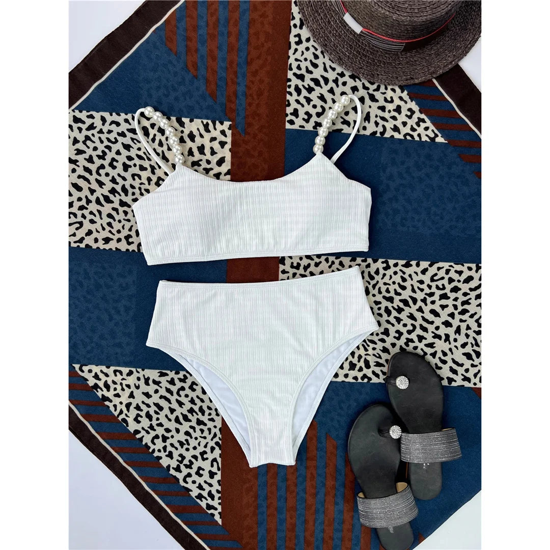 Pearls Ribbed High Waist Bikini Female Swimsuit Women Swimwear Two-pieces Bikini set Padded Bather Bathing Suit Swim Lady