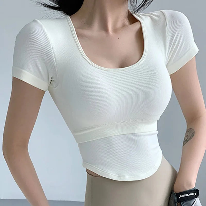 Aiithuug U Neck Yoga Bra Crop Bra Short Sleeve Ribbed Gym Crop Pilates Bras Gym Bra Workout Crops Fitness Top Running Crops