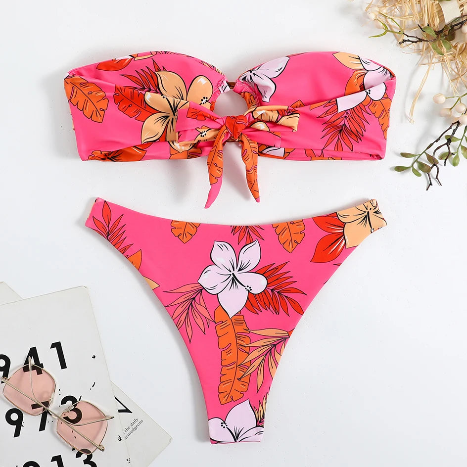 Floral Bikinis Bandeau Swimsuit for Woman Female Swimwear Women Thong Bikini Set Summer Swim Beach Wear Bathing Suits