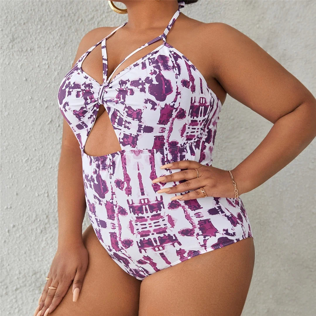 0XL - 4XL Printed Cut Out Halter Large Size Swimwear Plus Size One Piece Swimsuit Female Women Bather Bathing Suit Swim