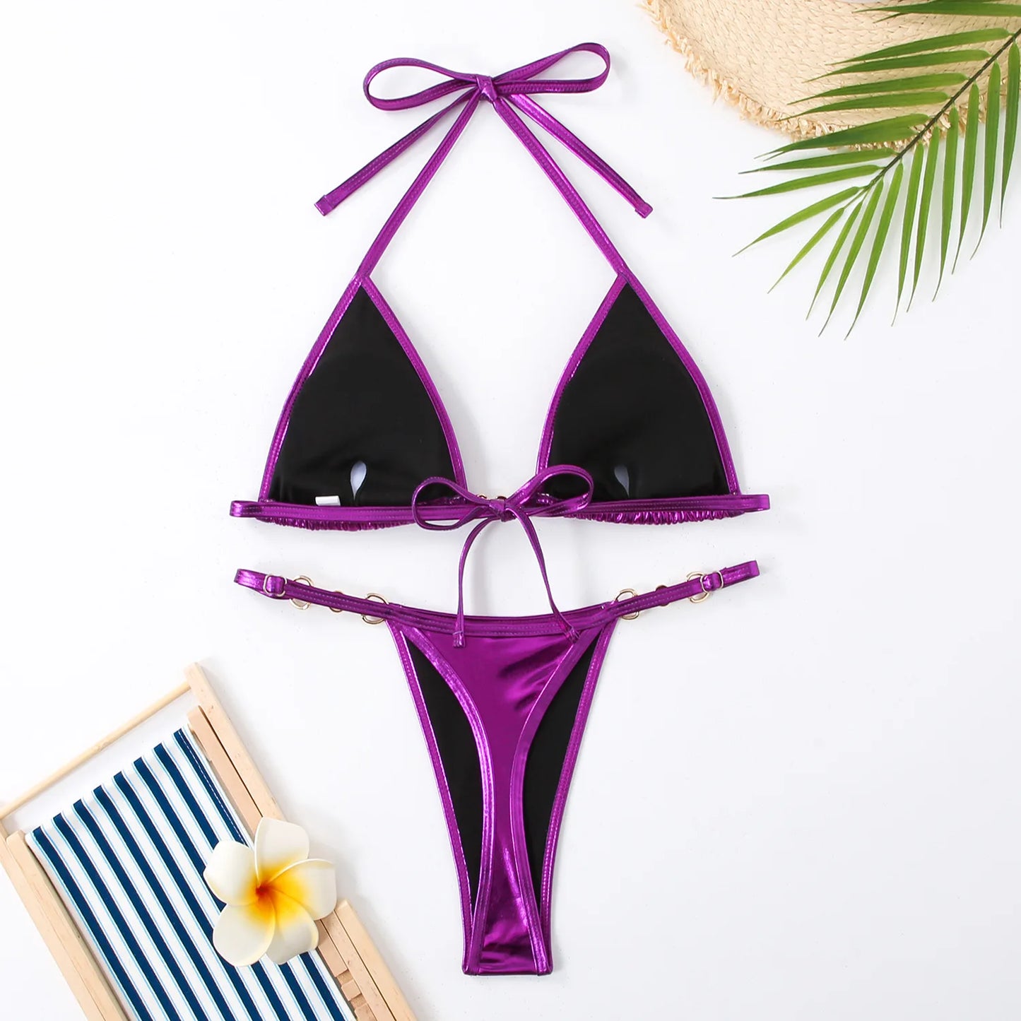 Metallic Halter Bikinis Set Lace Up Triangle Tie Side Swimsuit Pearl Patchwork Women Swimwear Micro Thong Bathing Suit