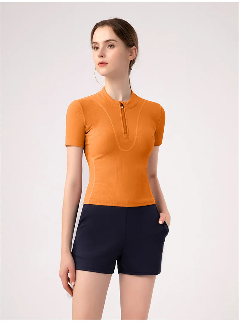 Aiithuug Women Slim Fit Gym Shirts Half Zip Workout Tops Quarter Zip Fitness Shirt Running Quicky Dry Short Sleeve Yoga Tops