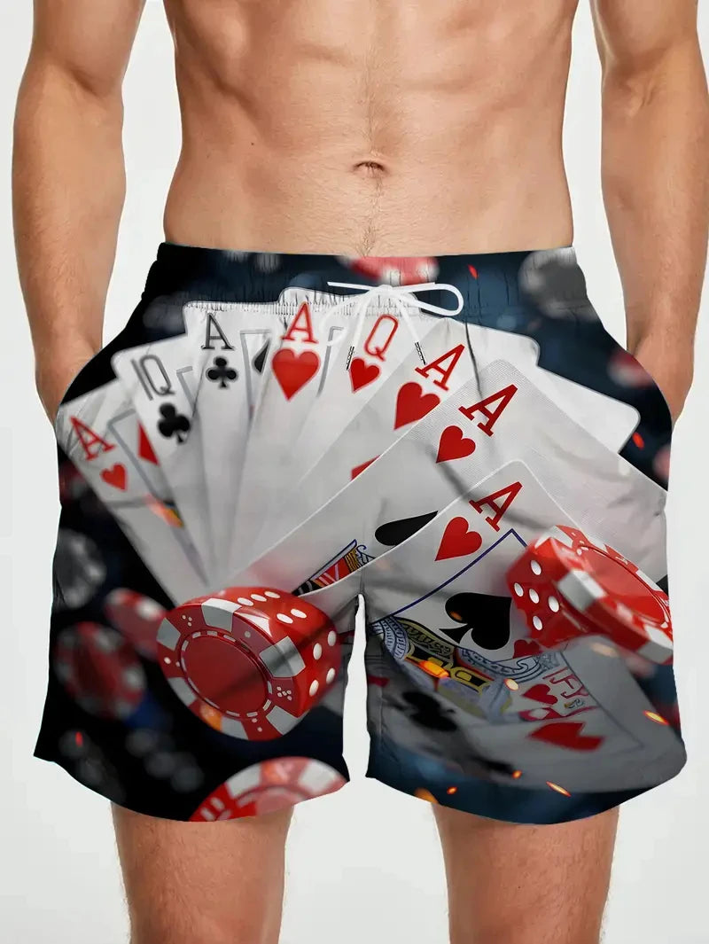 3D Poker Printed Men's Swim Shorts Trunks Poker Card Pattern Beach Board Shorts Running Sports Surfing Swimwear Clothes Man
