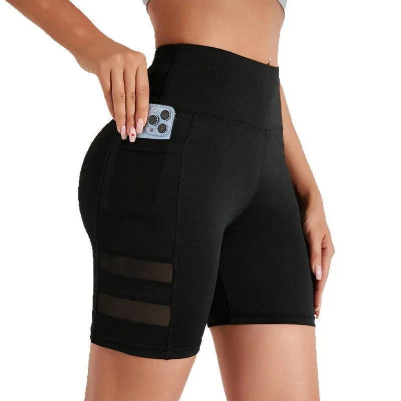 Yoga Pants, Pocket Shorts, Women's Casual Mesh Splicing Cycling Pants, High Waisted Fitness Pants, Sports Shorts