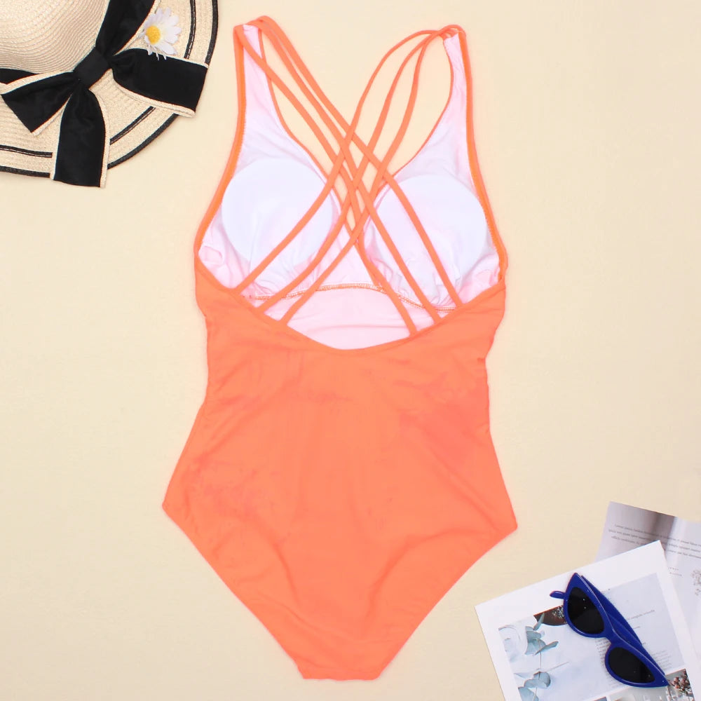 Women Printed One Piece Swimwear Backless Swimsuit V Neck Summer Beach Wear Slimming Bathing Suit S~XXL